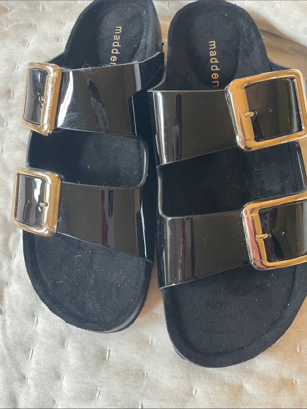 Madden Girl Black Patent Double-Buckle Slide Sandals with Gold Buckles